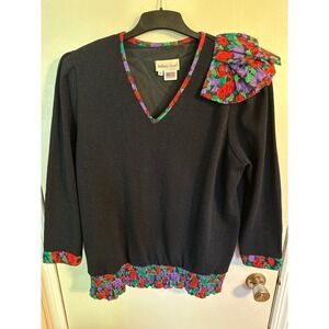 Anthony Sicari Vintage Sweater Floral Shoulder Pad Long Sleeve Black Size 16